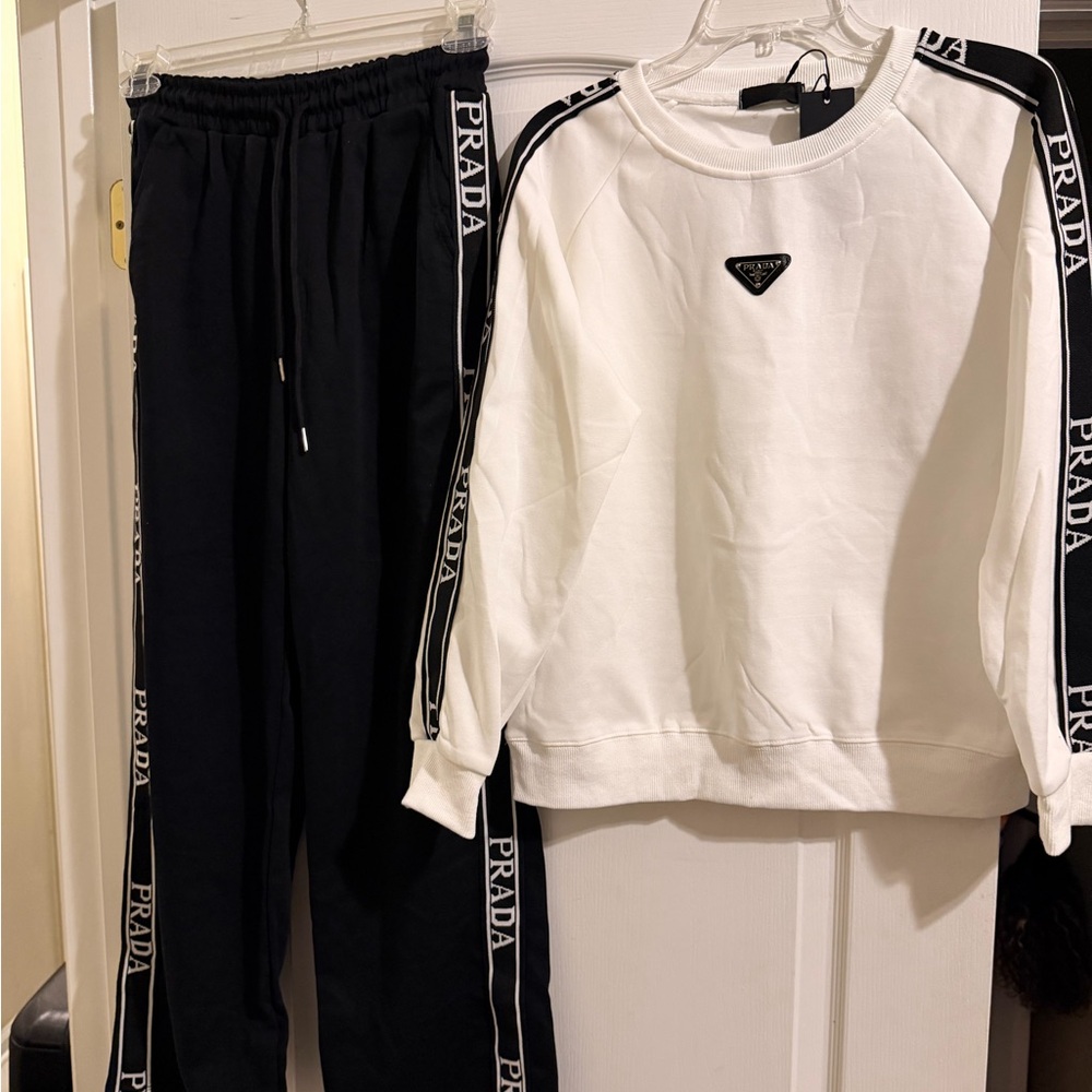 Prada Black Track Pants with White Logo Side Tape